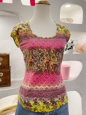 Beaded & Sequinned Colorful Y2K Maximalist Patterned Cotton T-Shirt with Stretch
